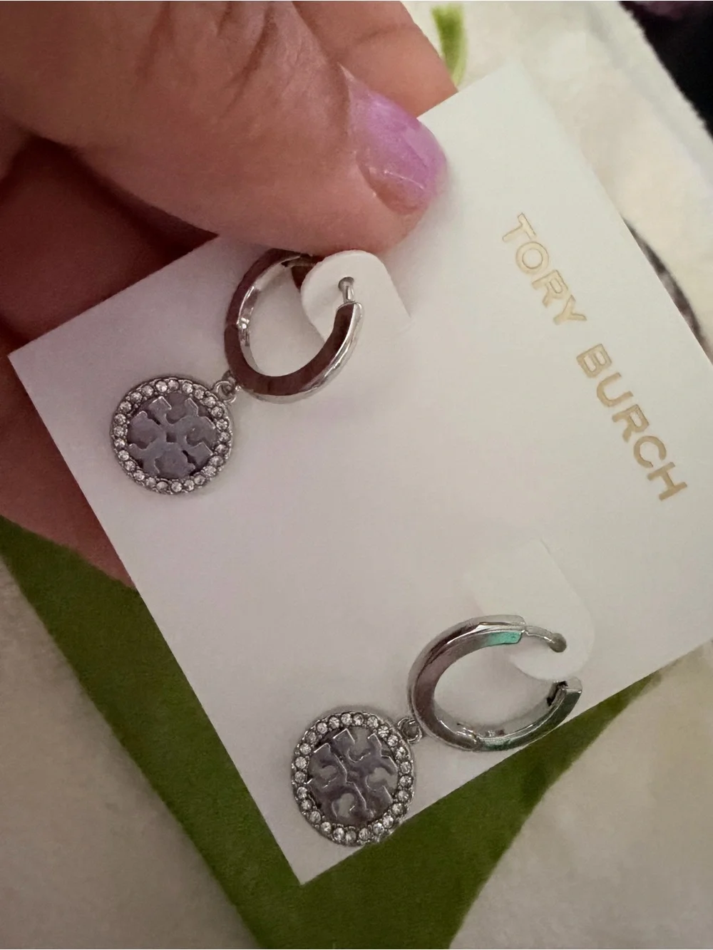 Tory Burch Silver Tone Crystal Paved Dangling Huggies Earrings
